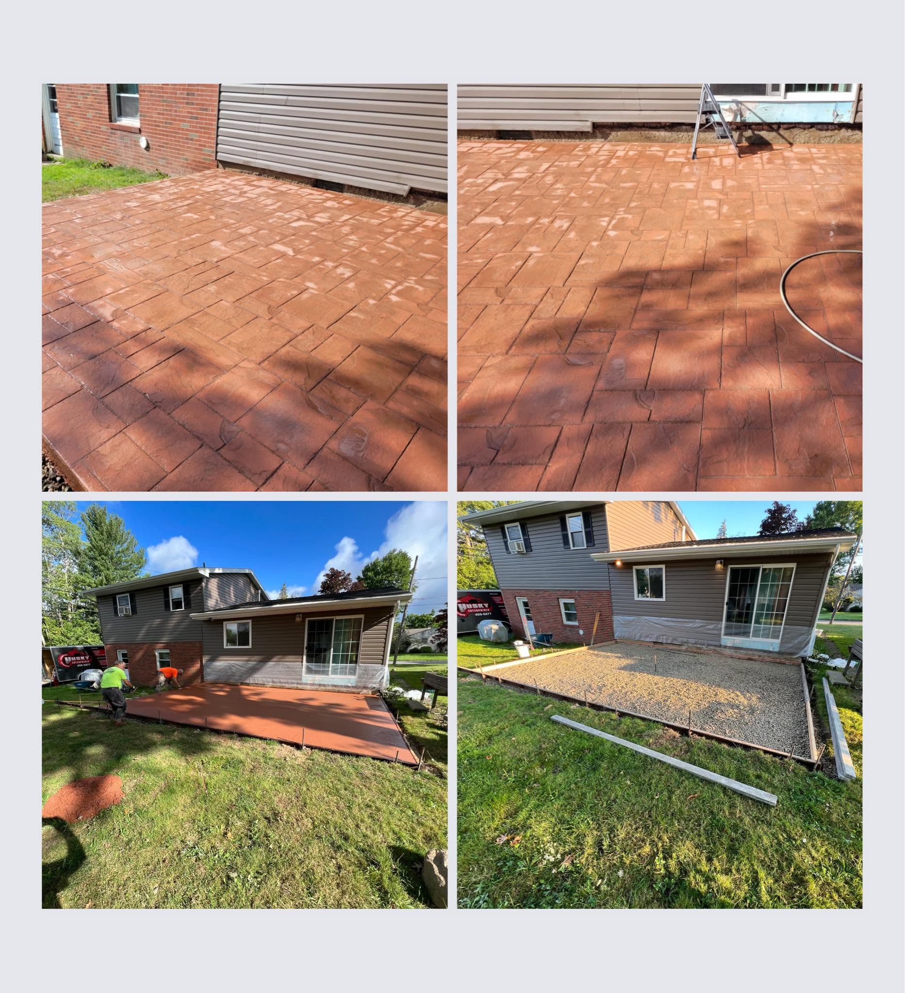 Before and after photos of a stamped concrete patio project